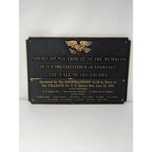 Vintage World War II 2 Plaque Vollrath military production co honoring soldiers